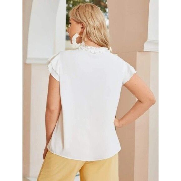 SHEIN Frill Tie Neck Butterfly Sleeve Embroidery Top Size 0X NWOT 1 0189 - Picture 6 of 6